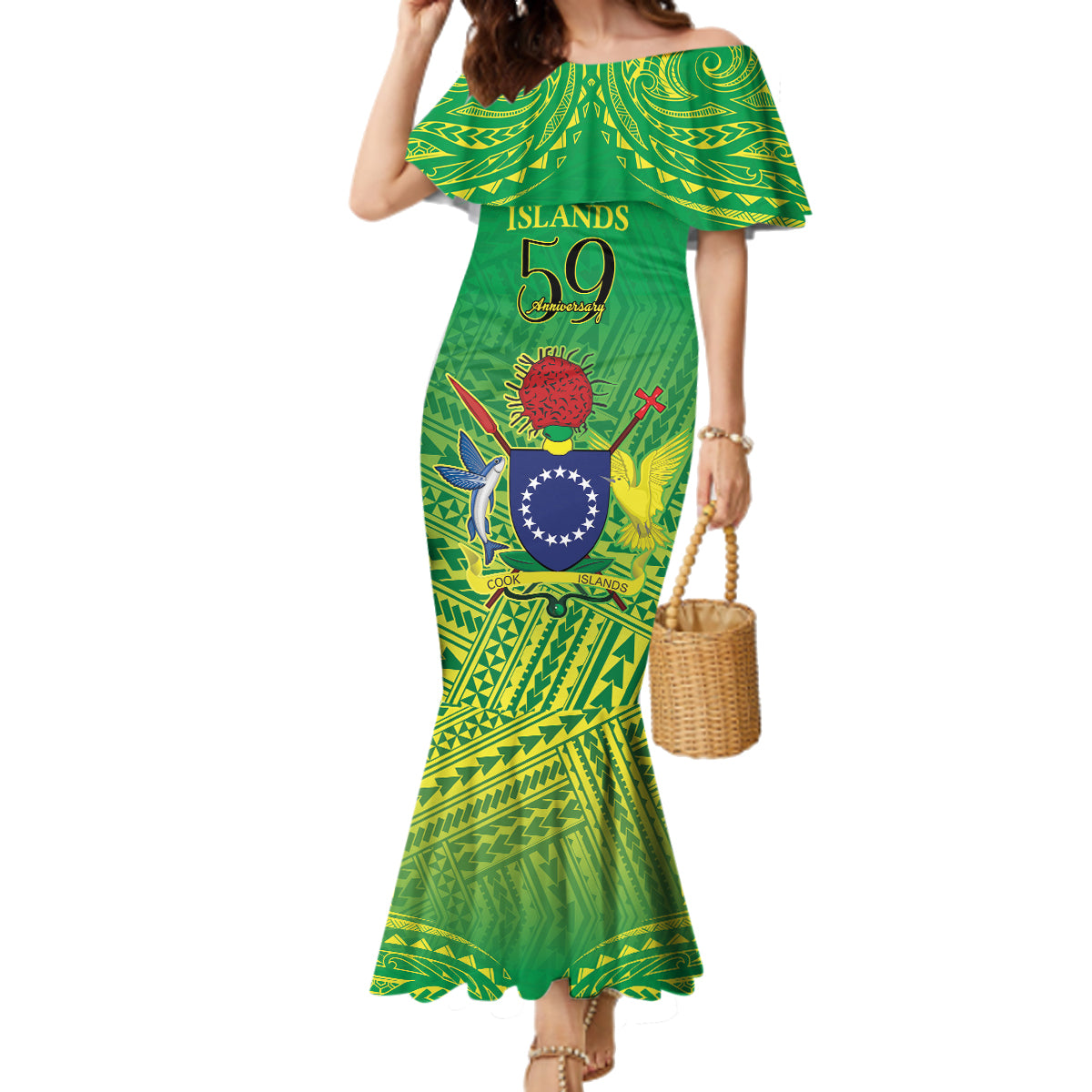 Cook Islands Constitution Day Family Matching Mermaid Dress and Hawaiian Shirt Kuki Airani Since 1965 LT9 Mom's Dress Green - Polynesian Pride