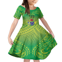 Cook Islands Constitution Day Family Matching Off The Shoulder Long Sleeve Dress and Hawaiian Shirt Kuki Airani Since 1965 LT9 Daughter's Dress Green - Polynesian Pride