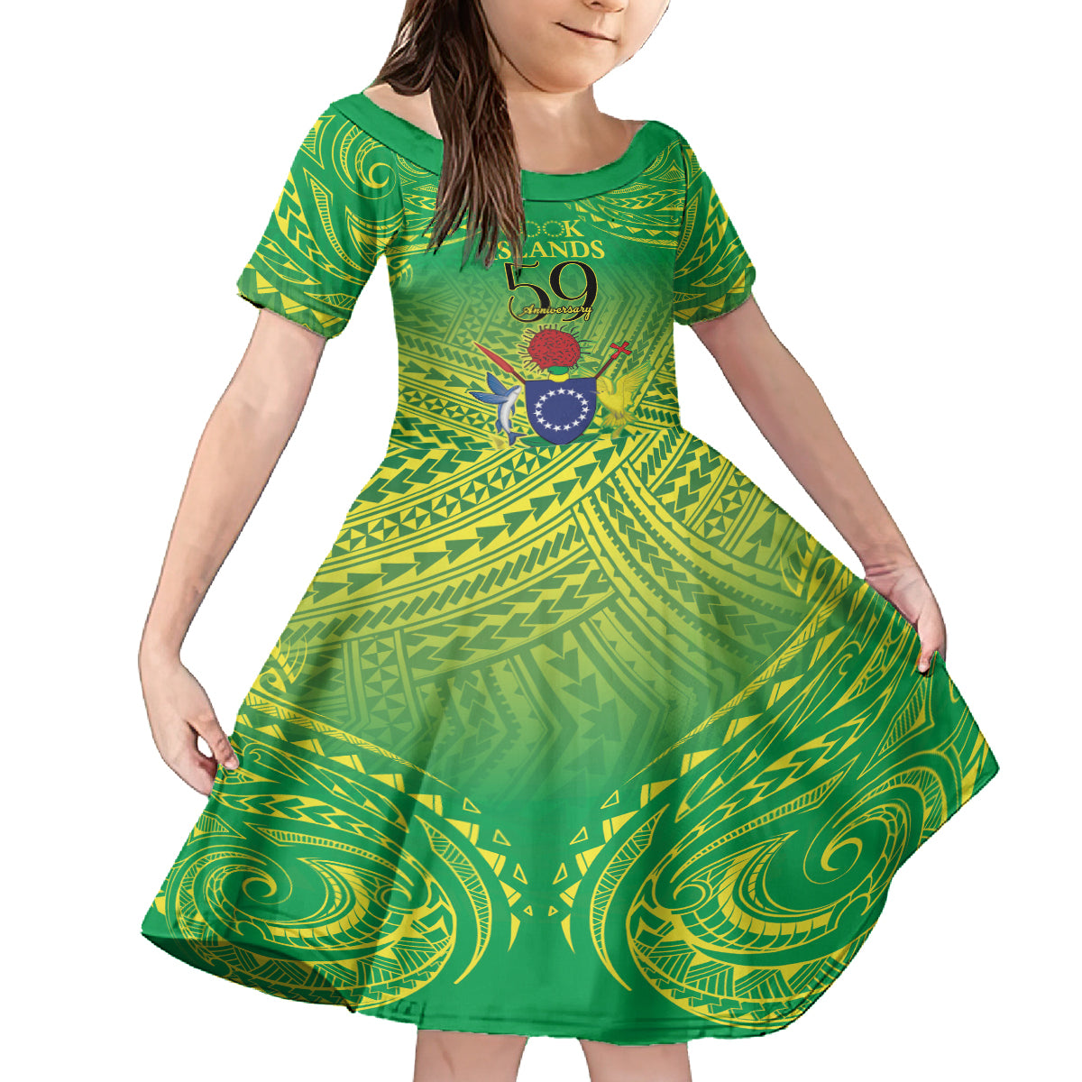 Cook Islands Constitution Day Family Matching Off Shoulder Maxi Dress and Hawaiian Shirt Kuki Airani Since 1965 LT9 Daughter's Dress Green - Polynesian Pride