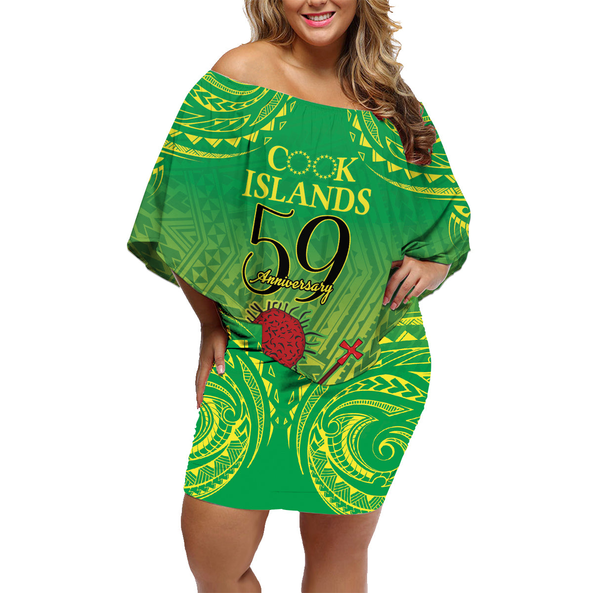 Cook Islands Constitution Day Family Matching Off Shoulder Short Dress and Hawaiian Shirt Kuki Airani Since 1965 LT9 Mom's Dress Green - Polynesian Pride