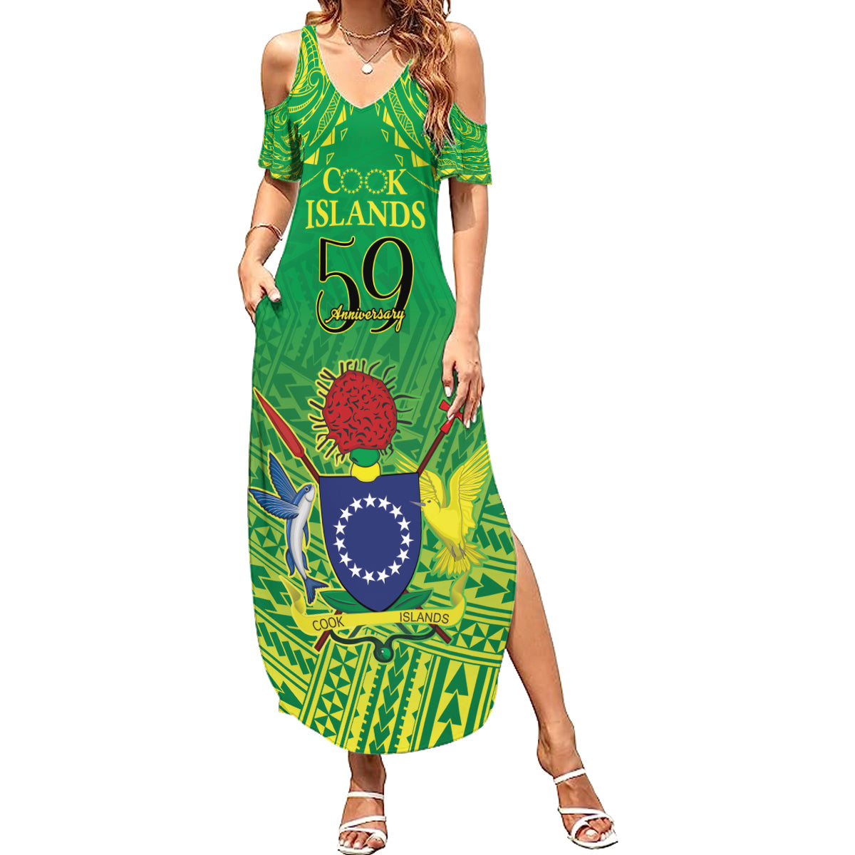 Cook Islands Constitution Day Family Matching Summer Maxi Dress and Hawaiian Shirt Kuki Airani Since 1965 LT9 Mom's Dress Green - Polynesian Pride