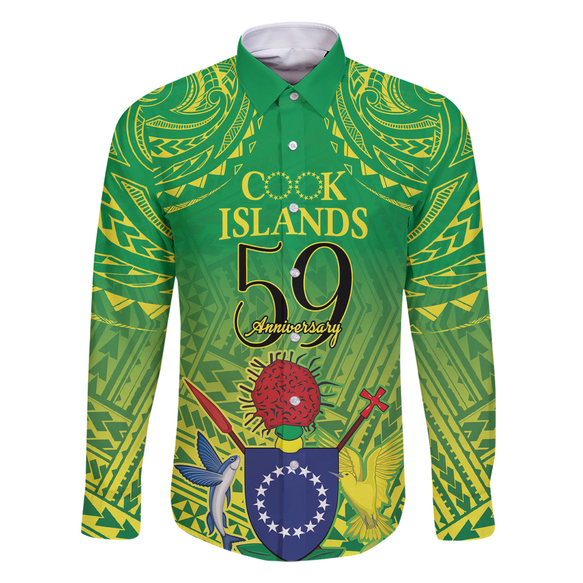 Cook Islands Constitution Day Family Matching Tank Maxi Dress and Hawaiian Shirt Kuki Airani Since 1965 LT9 Dad's Shirt - Long Sleeve Green - Polynesian Pride