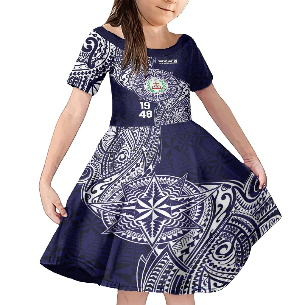 Personalised Tonga Sia'atoutai Theological College Family Matching Long Sleeve Bodycon Dress and Hawaiian Shirt Since 1948 Special Kupesi Pattern LT9 Daughter's Dress Navy - Polynesian Pride