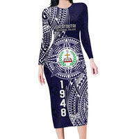 Personalised Tonga Sia'atoutai Theological College Family Matching Long Sleeve Bodycon Dress and Hawaiian Shirt Since 1948 Special Kupesi Pattern LT9 Mom's Dress Navy - Polynesian Pride
