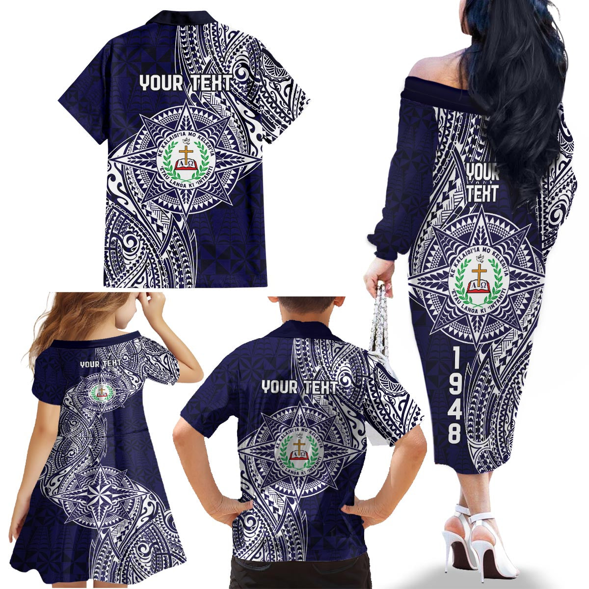 Personalised Tonga Sia'atoutai Theological College Family Matching Off The Shoulder Long Sleeve Dress and Hawaiian Shirt Since 1948 Special Kupesi Pattern LT9 - Polynesian Pride