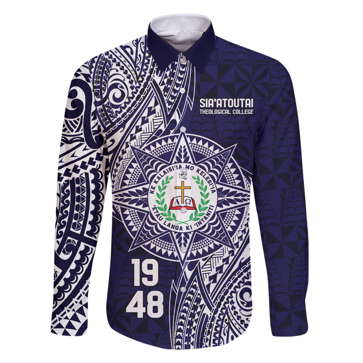 Personalised Tonga Sia'atoutai Theological College Family Matching Off The Shoulder Long Sleeve Dress and Hawaiian Shirt Since 1948 Special Kupesi Pattern LT9 Dad's Shirt - Long Sleeve Navy - Polynesian Pride