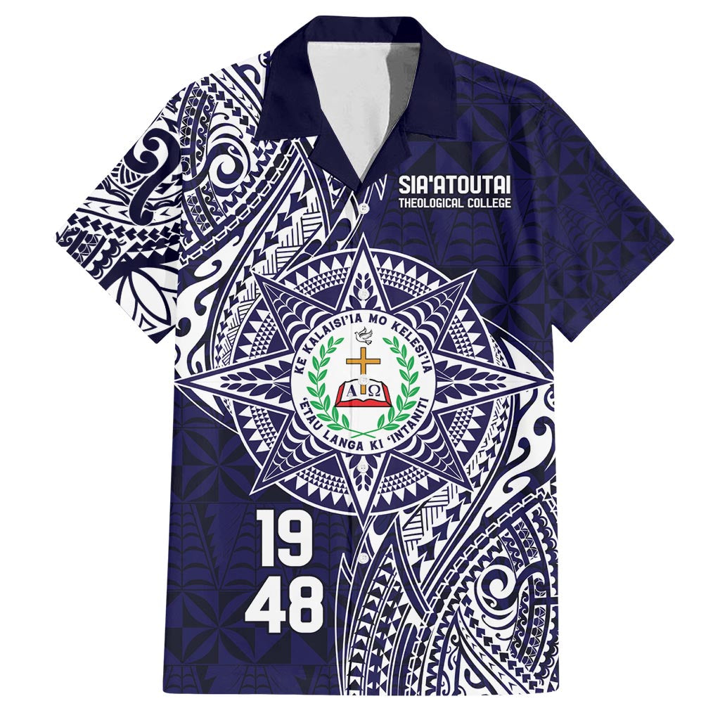 Personalised Tonga Sia'atoutai Theological College Family Matching Off Shoulder Maxi Dress and Hawaiian Shirt Since 1948 Special Kupesi Pattern LT9 Dad's Shirt - Short Sleeve Navy - Polynesian Pride