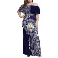 Personalised Tonga Sia'atoutai Theological College Family Matching Off Shoulder Maxi Dress and Hawaiian Shirt Since 1948 Special Kupesi Pattern LT9 Mom's Dress Navy - Polynesian Pride