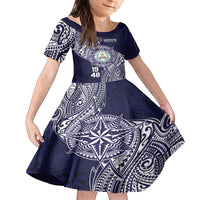 Personalised Tonga Sia'atoutai Theological College Family Matching Off Shoulder Short Dress and Hawaiian Shirt Since 1948 Special Kupesi Pattern LT9 Daughter's Dress Navy - Polynesian Pride