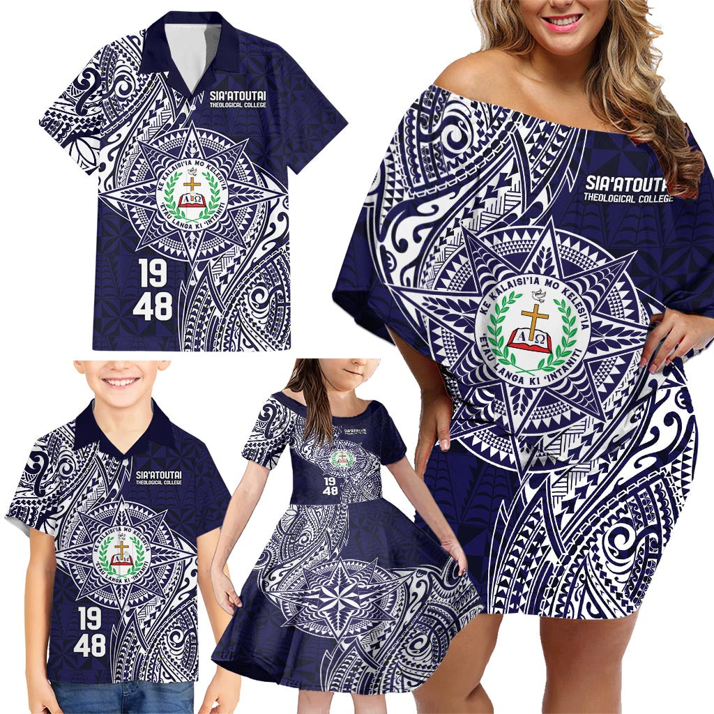 Personalised Tonga Sia'atoutai Theological College Family Matching Off Shoulder Short Dress and Hawaiian Shirt Since 1948 Special Kupesi Pattern LT9 - Polynesian Pride