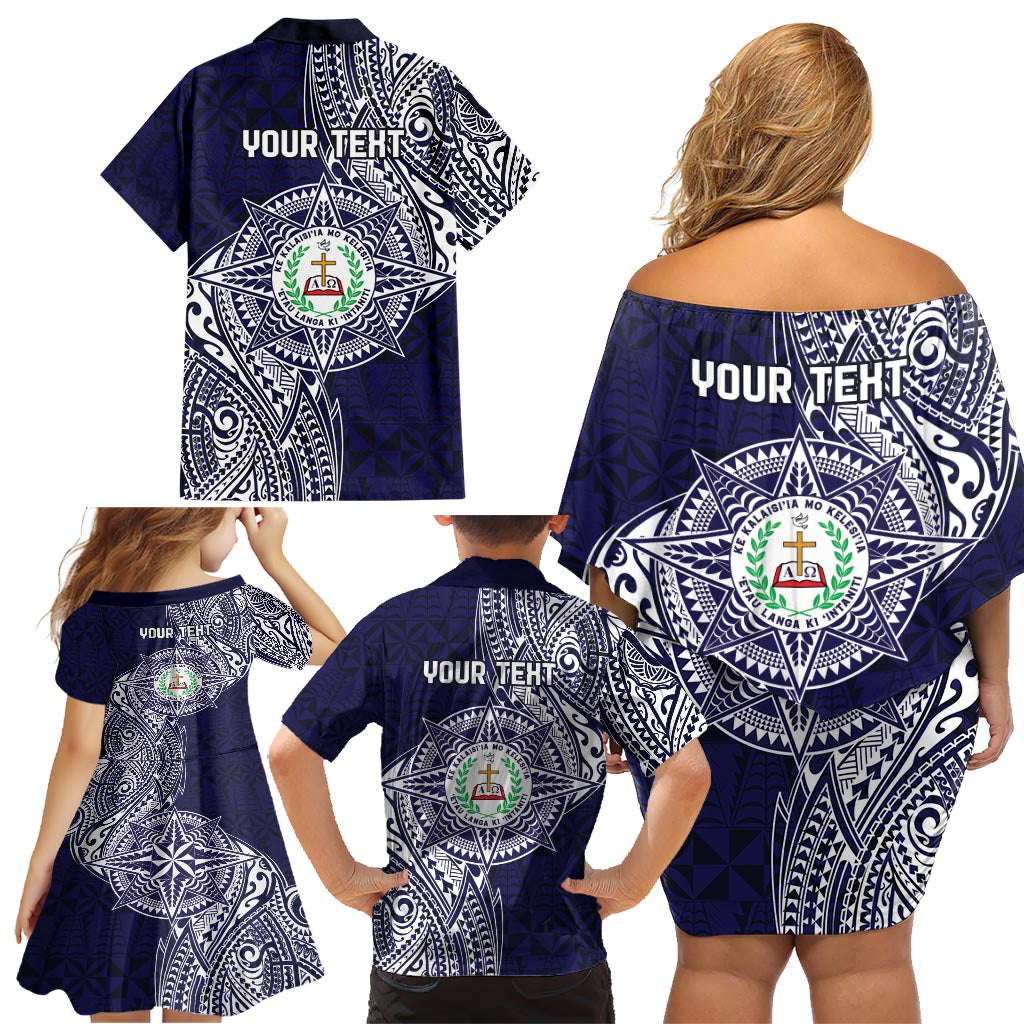 Personalised Tonga Sia'atoutai Theological College Family Matching Off Shoulder Short Dress and Hawaiian Shirt Since 1948 Special Kupesi Pattern LT9 - Polynesian Pride