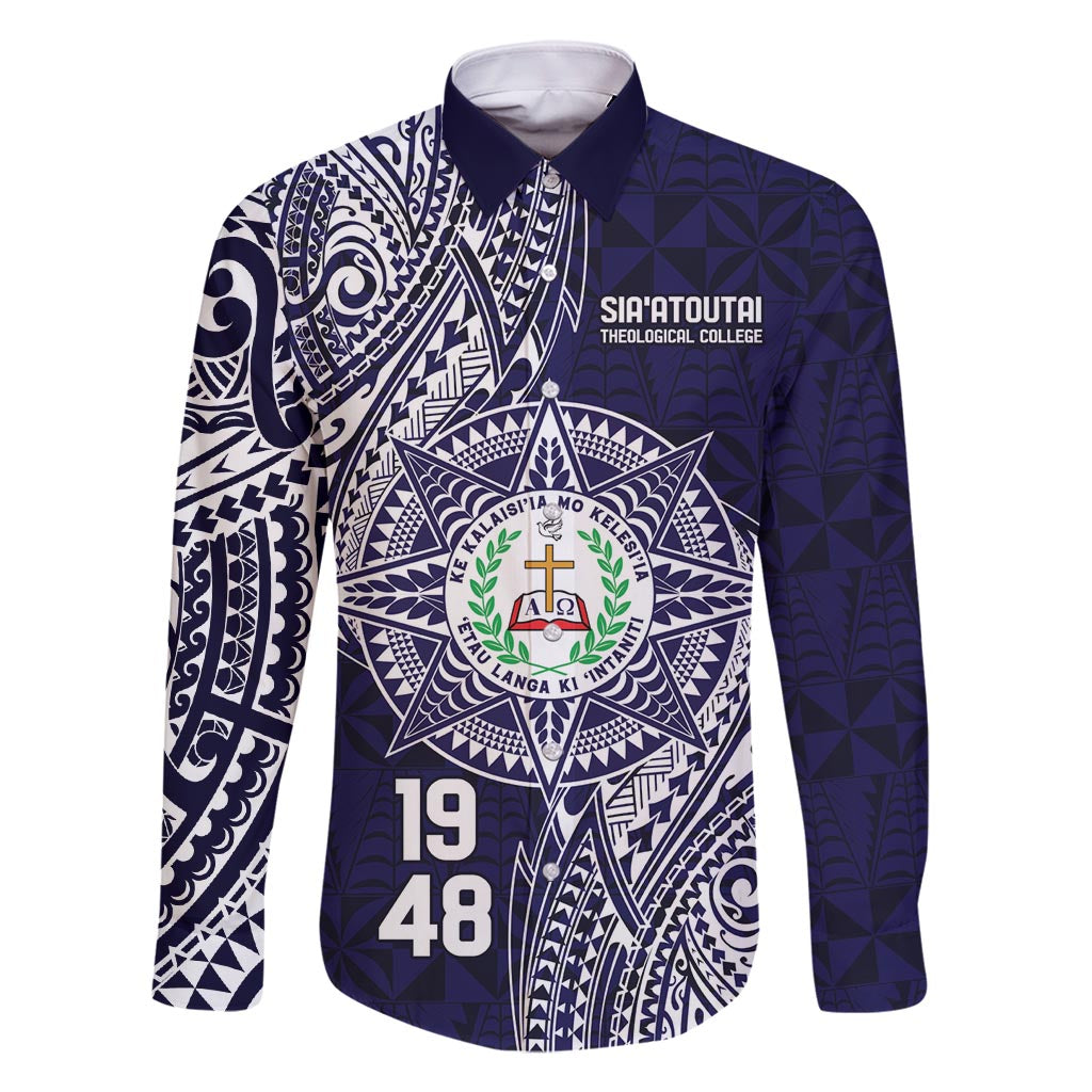 Personalised Tonga Sia'atoutai Theological College Family Matching Off Shoulder Short Dress and Hawaiian Shirt Since 1948 Special Kupesi Pattern LT9 Dad's Shirt - Long Sleeve Navy - Polynesian Pride