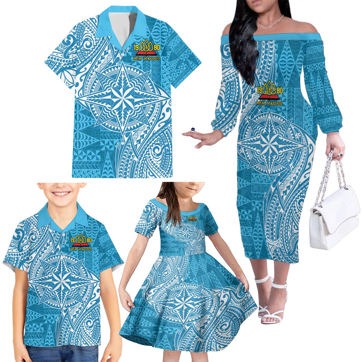 Personalised Tonga Lavengamalie College Family Matching Off The Shoulder Long Sleeve Dress and Hawaiian Shirt Since 1980 Special Kupesi Pattern LT9 - Polynesian Pride