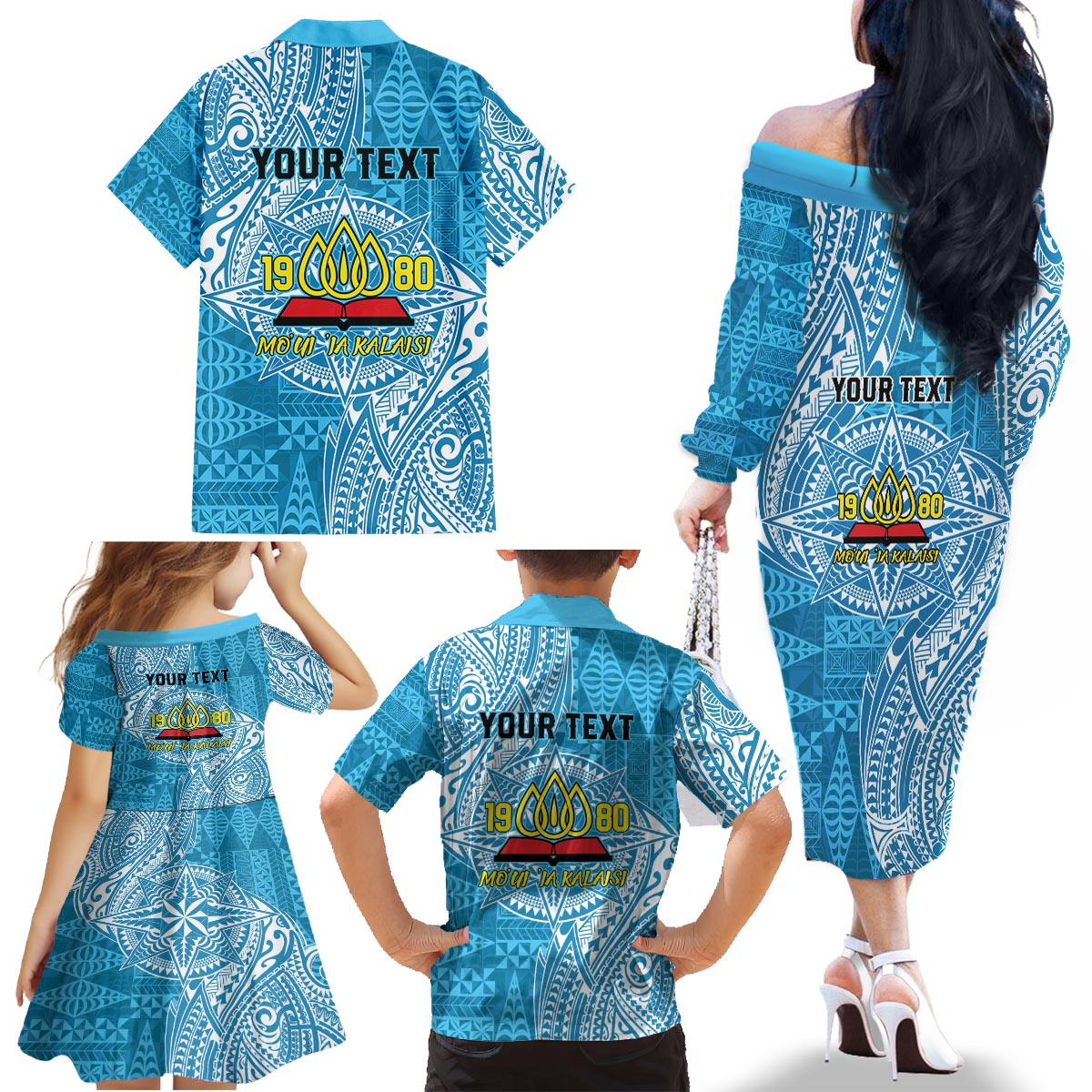 Personalised Tonga Lavengamalie College Family Matching Off The Shoulder Long Sleeve Dress and Hawaiian Shirt Since 1980 Special Kupesi Pattern LT9 - Polynesian Pride