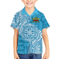 Personalised Tonga Lavengamalie College Family Matching Off The Shoulder Long Sleeve Dress and Hawaiian Shirt Since 1980 Special Kupesi Pattern LT9 Son's Shirt Blue - Polynesian Pride