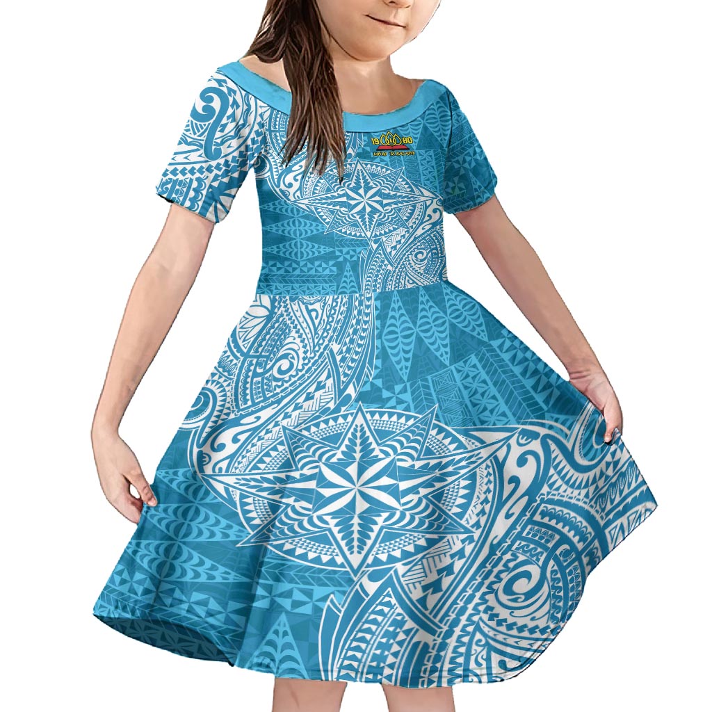 Personalised Tonga Lavengamalie College Family Matching Off Shoulder Maxi Dress and Hawaiian Shirt Since 1980 Special Kupesi Pattern LT9 Daughter's Dress Blue - Polynesian Pride