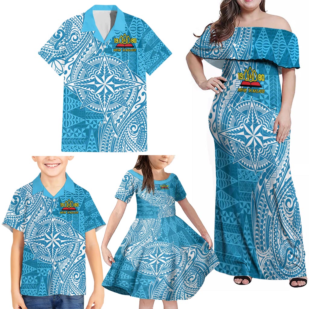 Personalised Tonga Lavengamalie College Family Matching Off Shoulder Maxi Dress and Hawaiian Shirt Since 1980 Special Kupesi Pattern LT9 - Polynesian Pride
