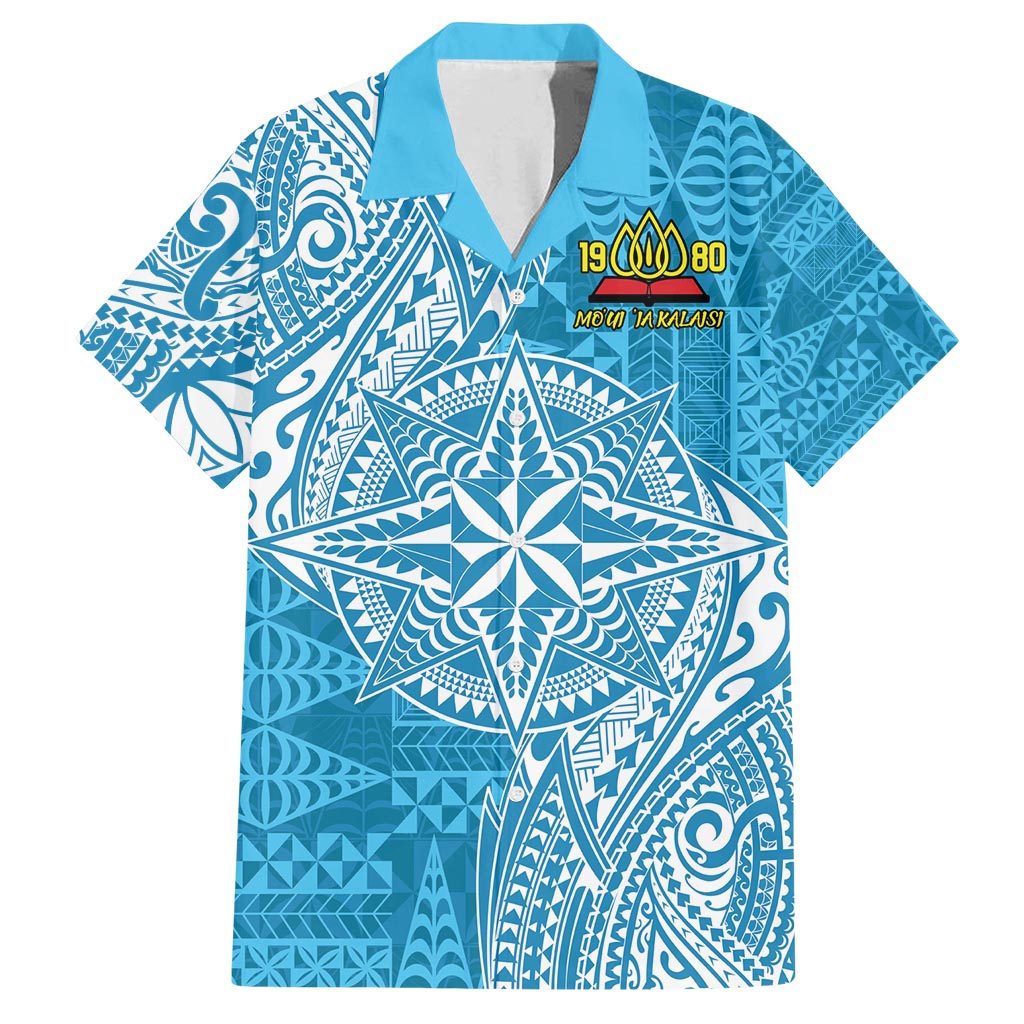 Personalised Tonga Lavengamalie College Family Matching Off Shoulder Maxi Dress and Hawaiian Shirt Since 1980 Special Kupesi Pattern LT9 Dad's Shirt - Short Sleeve Blue - Polynesian Pride