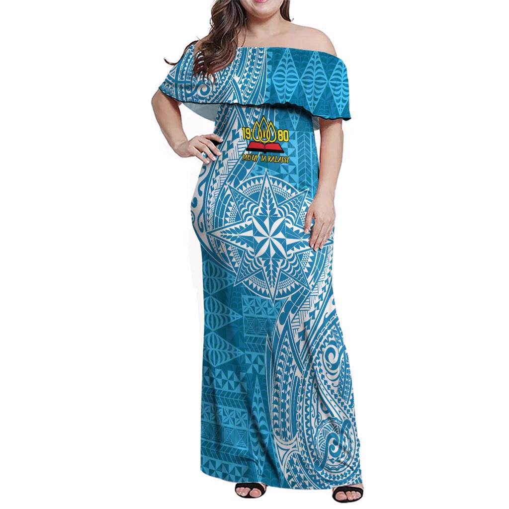 Personalised Tonga Lavengamalie College Family Matching Off Shoulder Maxi Dress and Hawaiian Shirt Since 1980 Special Kupesi Pattern LT9 Mom's Dress Blue - Polynesian Pride