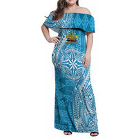 Personalised Tonga Lavengamalie College Family Matching Off Shoulder Maxi Dress and Hawaiian Shirt Since 1980 Special Kupesi Pattern LT9 Mom's Dress Blue - Polynesian Pride