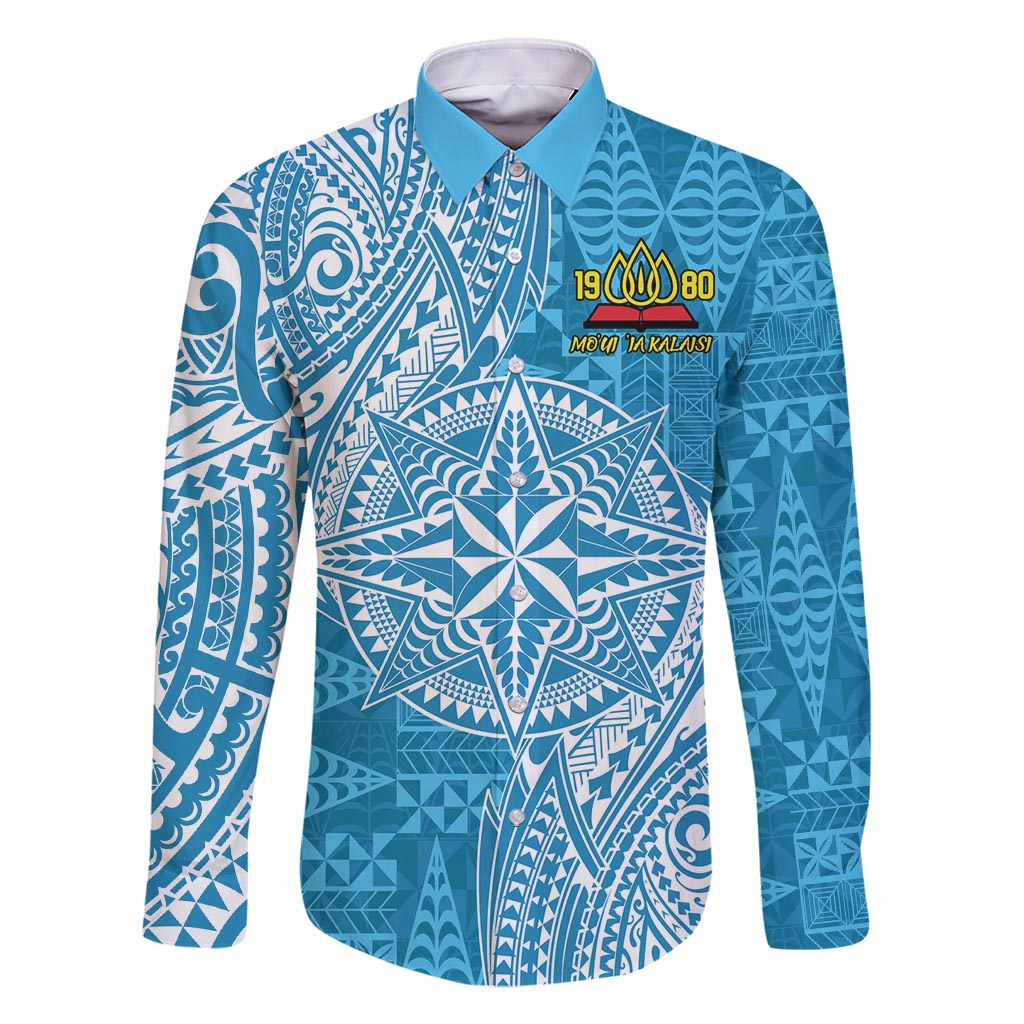 Personalised Tonga Lavengamalie College Family Matching Off Shoulder Short Dress and Hawaiian Shirt Since 1980 Special Kupesi Pattern LT9 Dad's Shirt - Long Sleeve Blue - Polynesian Pride