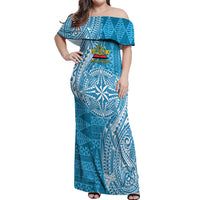 Personalised Tonga Lavengamalie College Off Shoulder Maxi Dress Since 1980 Special Kupesi Pattern LT9 Women Blue - Polynesian Pride