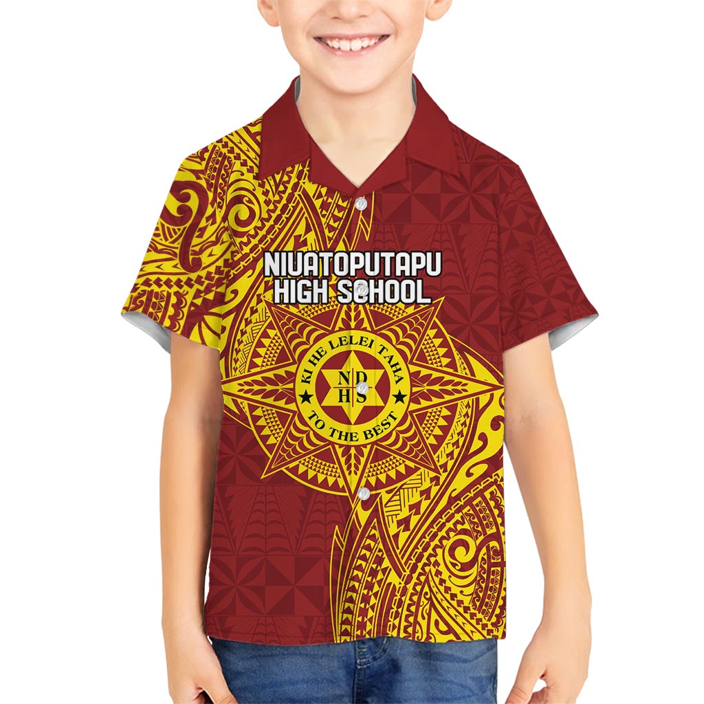 Personalised Tonga Niuatoputapu High School Family Matching Long Sleeve Bodycon Dress and Hawaiian Shirt Special Kupesi Pattern LT9 Son's Shirt Gold - Polynesian Pride