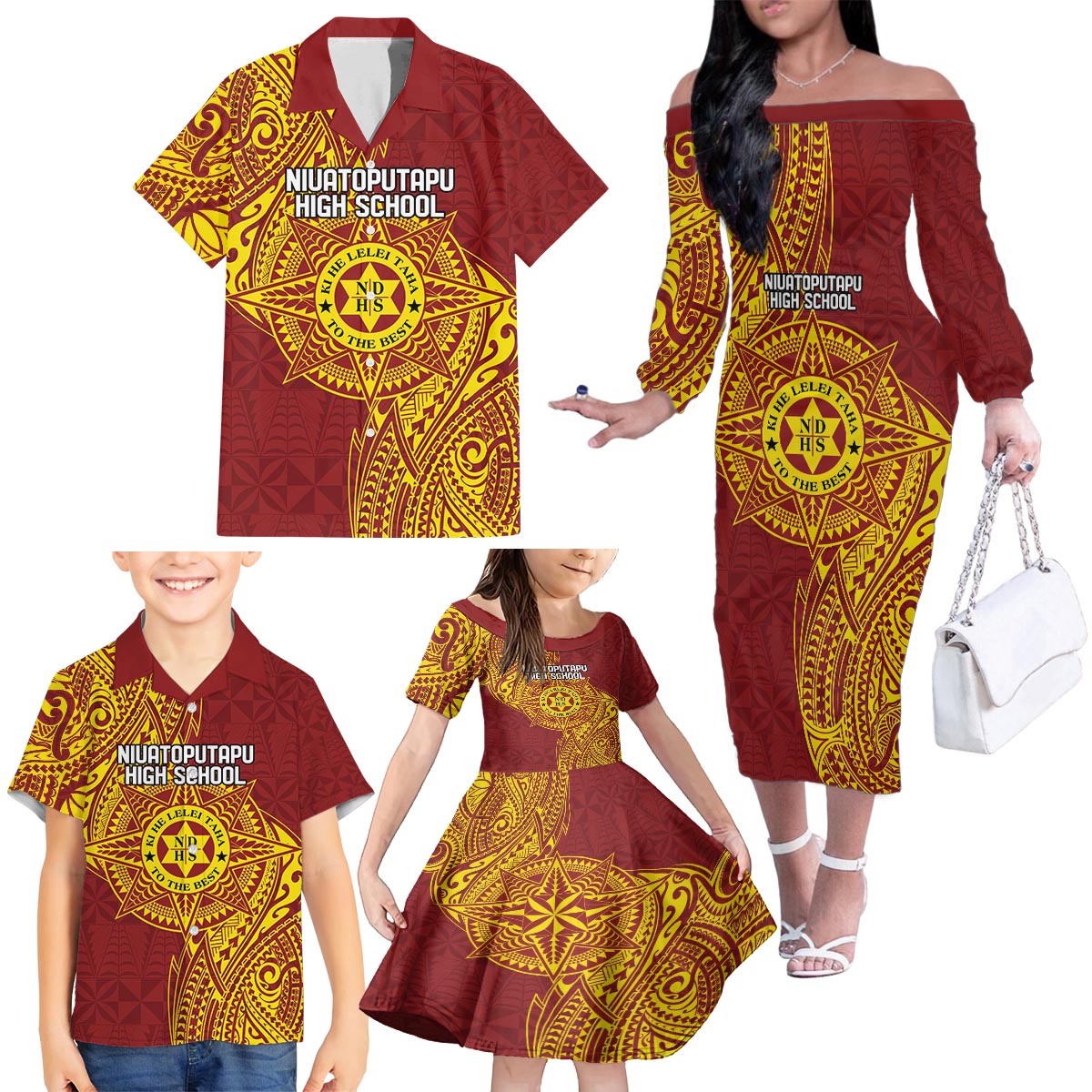 Personalised Tonga Niuatoputapu High School Family Matching Off The Shoulder Long Sleeve Dress and Hawaiian Shirt Special Kupesi Pattern LT9 - Polynesian Pride