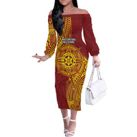 Personalised Tonga Niuatoputapu High School Family Matching Off The Shoulder Long Sleeve Dress and Hawaiian Shirt Special Kupesi Pattern LT9 Mom's Dress Gold - Polynesian Pride