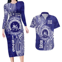 Personalised Tonga Queen Salote College Couples Matching Long Sleeve Bodycon Dress and Hawaiian Shirt Kolisi Fefine 1926 Special Kupesi Pattern LT9 Blue - Polynesian Pride