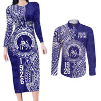 Personalised Tonga Queen Salote College Couples Matching Long Sleeve Bodycon Dress and Long Sleeve Button Shirt Kolisi Fefine 1926 Special Kupesi Pattern LT9 Blue - Polynesian Pride