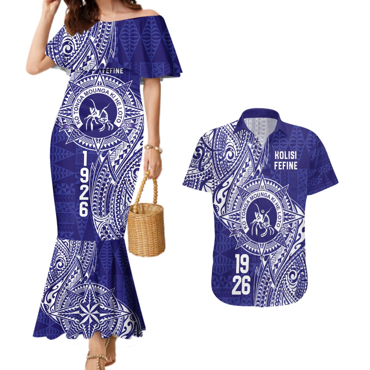 Personalised Tonga Queen Salote College Couples Matching Mermaid Dress and Hawaiian Shirt Kolisi Fefine 1926 Special Kupesi Pattern LT9 Blue - Polynesian Pride