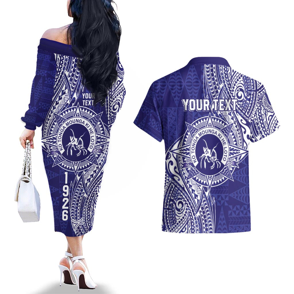 Personalised Tonga Queen Salote College Couples Matching Off The Shoulder Long Sleeve Dress and Hawaiian Shirt Kolisi Fefine 1926 Special Kupesi Pattern LT9 - Polynesian Pride