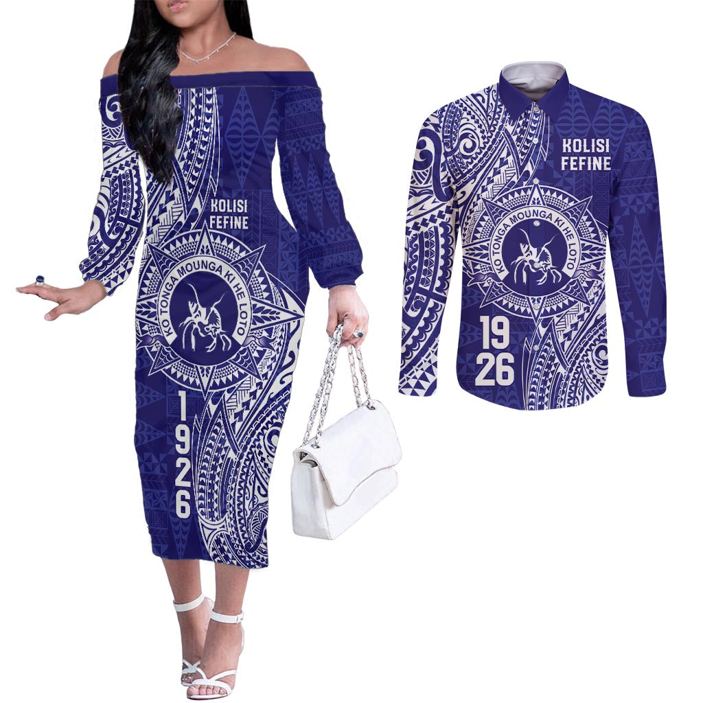 Personalised Tonga Queen Salote College Couples Matching Off The Shoulder Long Sleeve Dress and Long Sleeve Button Shirt Kolisi Fefine 1926 Special Kupesi Pattern LT9 Blue - Polynesian Pride