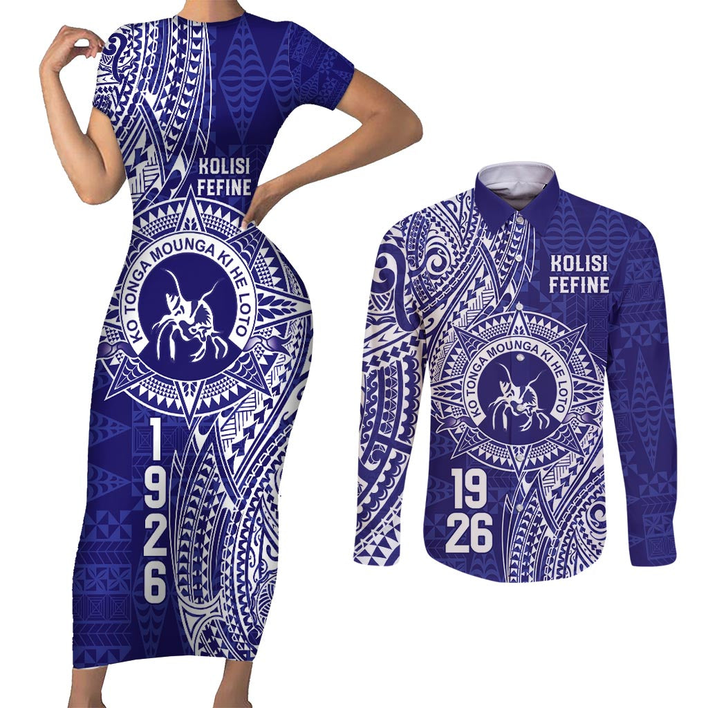 Personalised Tonga Queen Salote College Couples Matching Short Sleeve Bodycon Dress and Long Sleeve Button Shirt Kolisi Fefine 1926 Special Kupesi Pattern LT9 Blue - Polynesian Pride