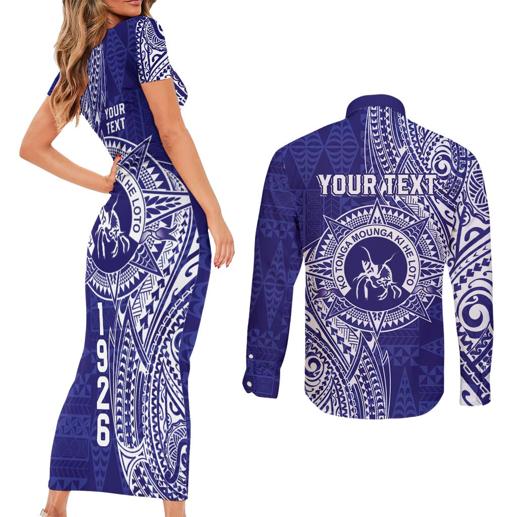 Personalised Tonga Queen Salote College Couples Matching Short Sleeve Bodycon Dress and Long Sleeve Button Shirt Kolisi Fefine 1926 Special Kupesi Pattern LT9 - Polynesian Pride