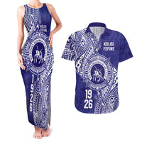Personalised Tonga Queen Salote College Couples Matching Tank Maxi Dress and Hawaiian Shirt Kolisi Fefine 1926 Special Kupesi Pattern LT9 Blue - Polynesian Pride