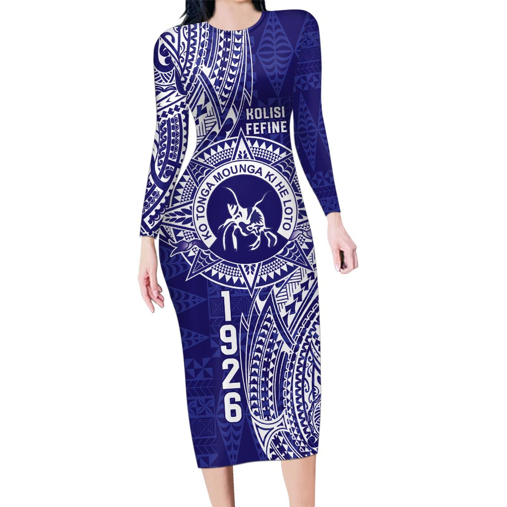 Personalised Tonga Queen Salote College Family Matching Long Sleeve Bodycon Dress and Hawaiian Shirt Kolisi Fefine 1926 Special Kupesi Pattern LT9 Mom's Dress Blue - Polynesian Pride