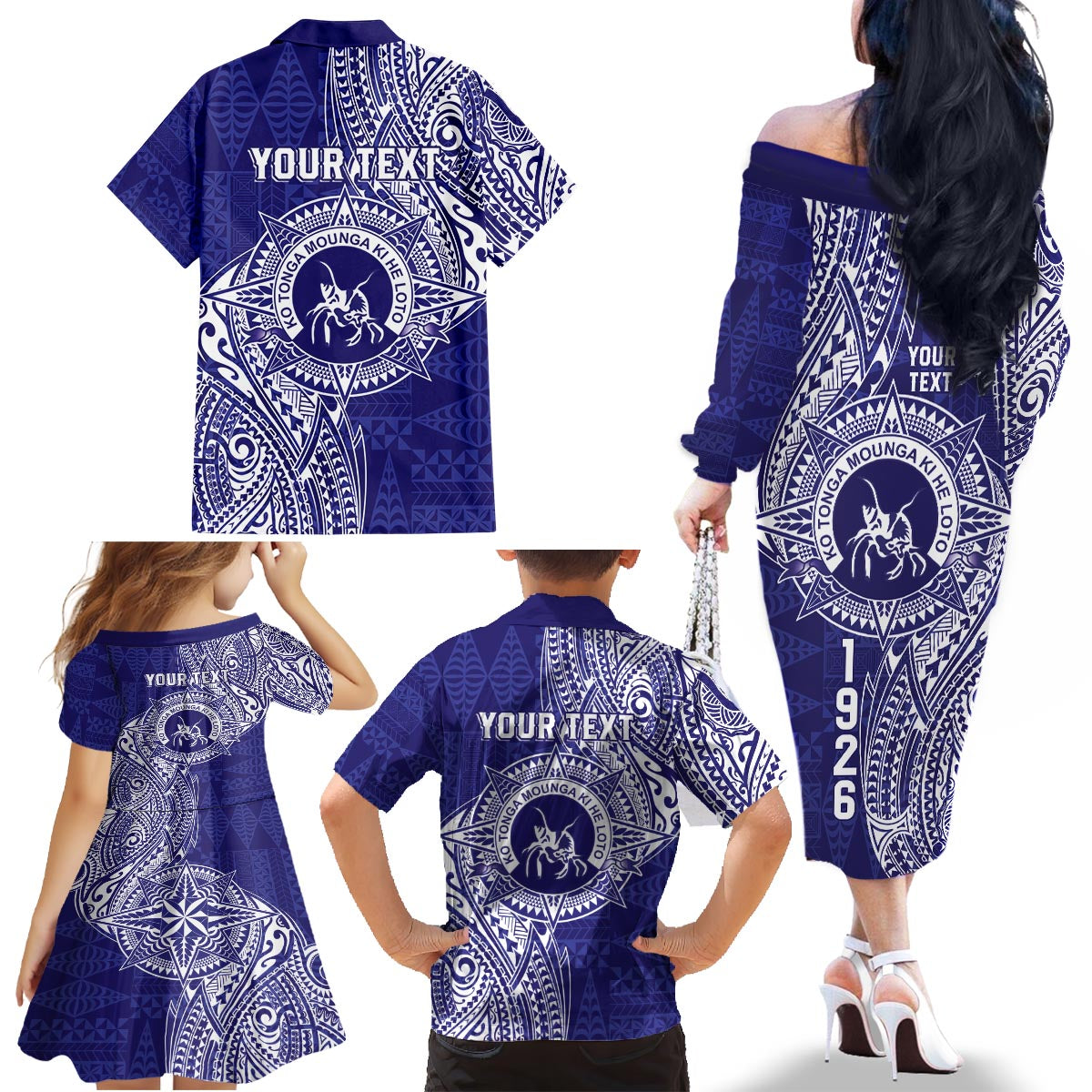 Personalised Tonga Queen Salote College Family Matching Off The Shoulder Long Sleeve Dress and Hawaiian Shirt Kolisi Fefine 1926 Special Kupesi Pattern LT9 - Polynesian Pride