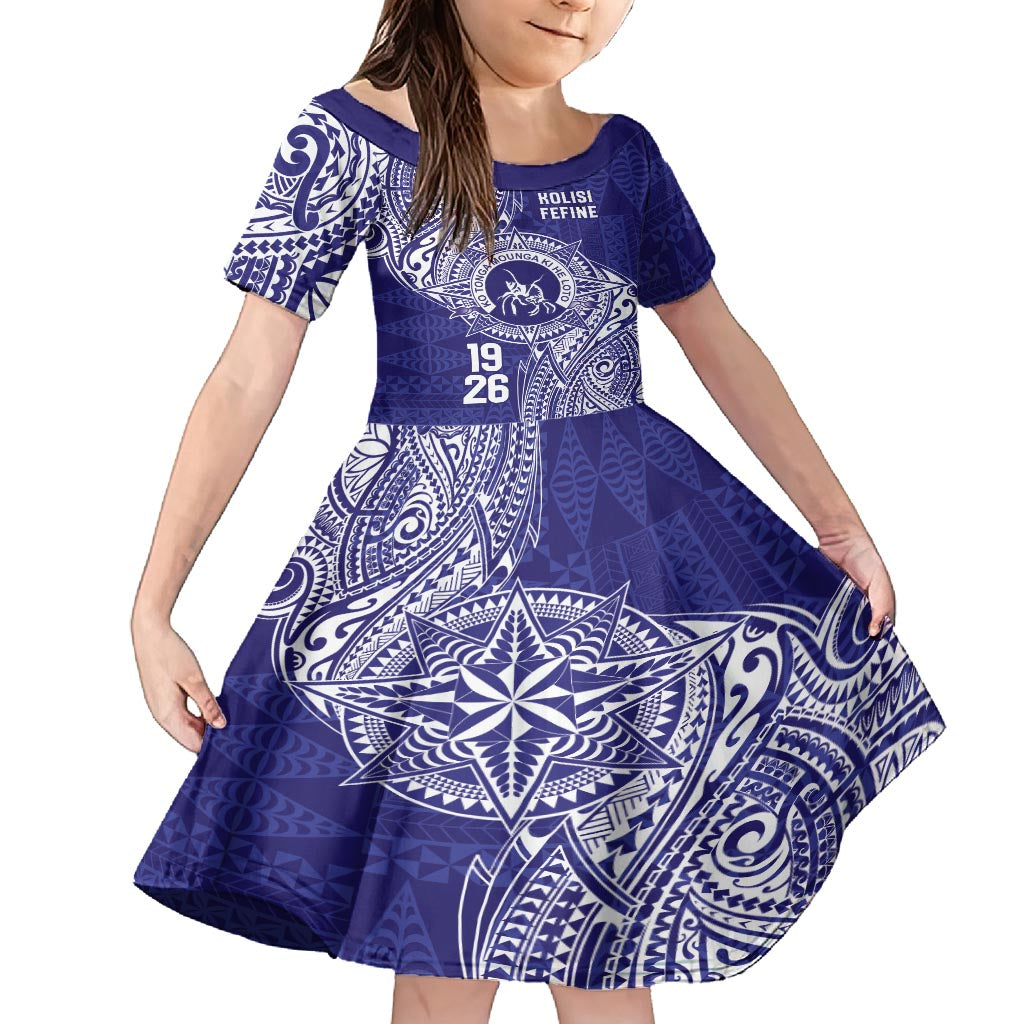 Personalised Tonga Queen Salote College Family Matching Off Shoulder Short Dress and Hawaiian Shirt Kolisi Fefine 1926 Special Kupesi Pattern LT9 Daughter's Dress Blue - Polynesian Pride