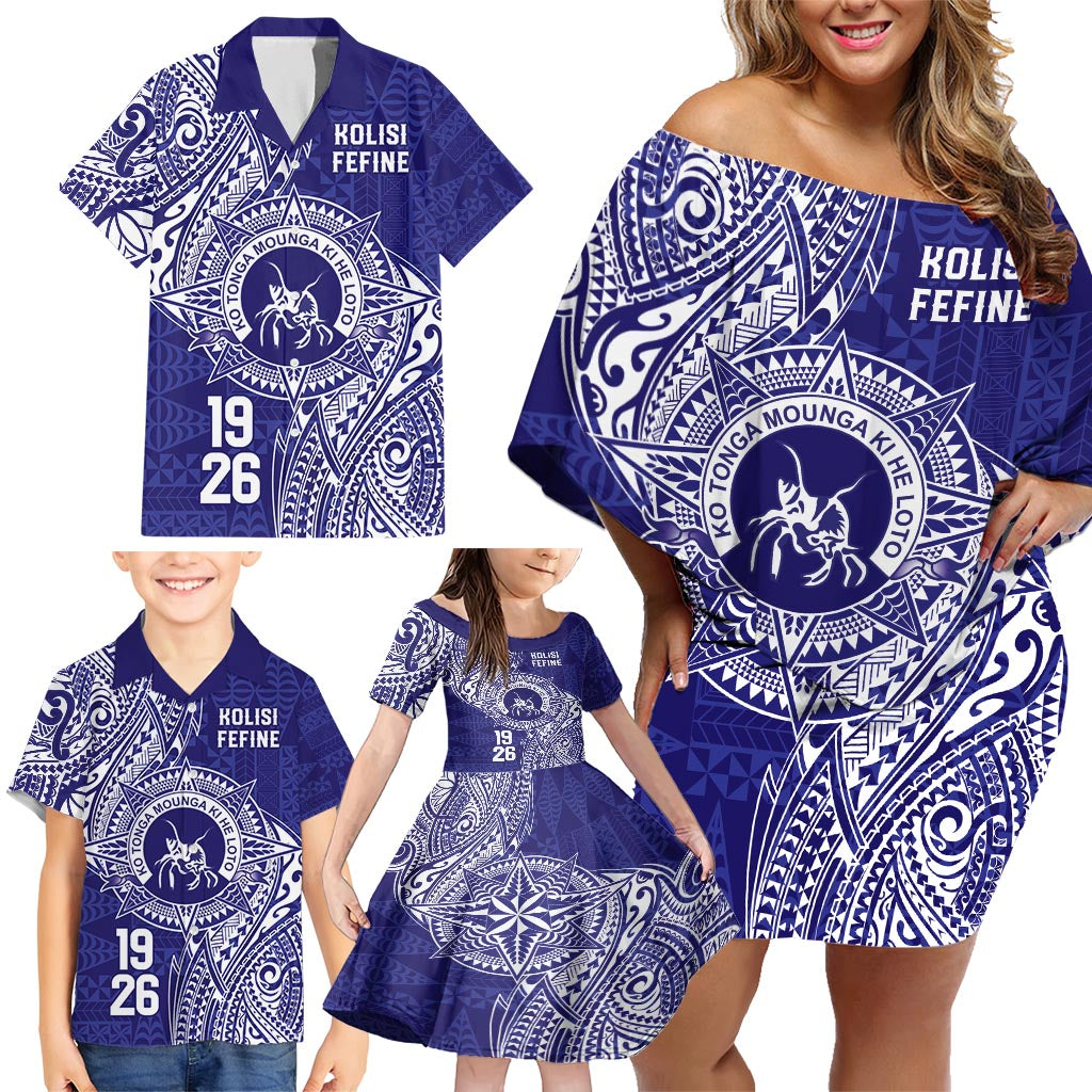 Personalised Tonga Queen Salote College Family Matching Off Shoulder Short Dress and Hawaiian Shirt Kolisi Fefine 1926 Special Kupesi Pattern LT9 - Polynesian Pride