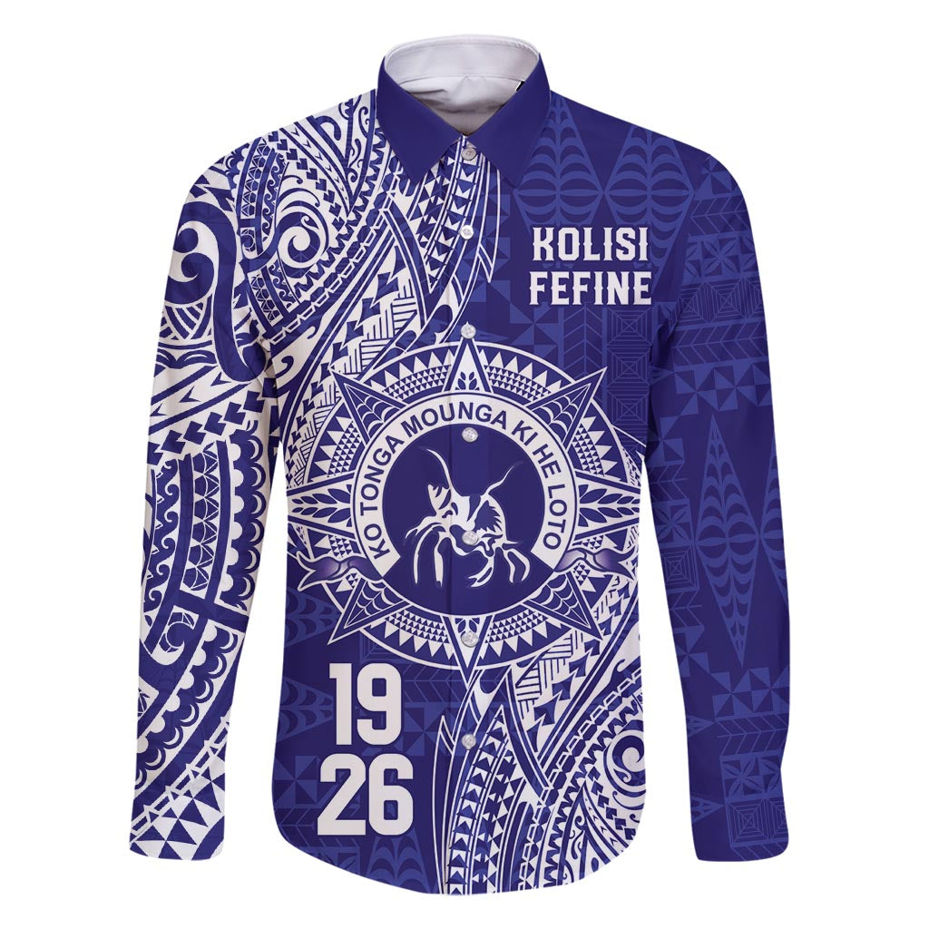 Personalised Tonga Queen Salote College Family Matching Off Shoulder Short Dress and Hawaiian Shirt Kolisi Fefine 1926 Special Kupesi Pattern LT9 Dad's Shirt - Long Sleeve Blue - Polynesian Pride