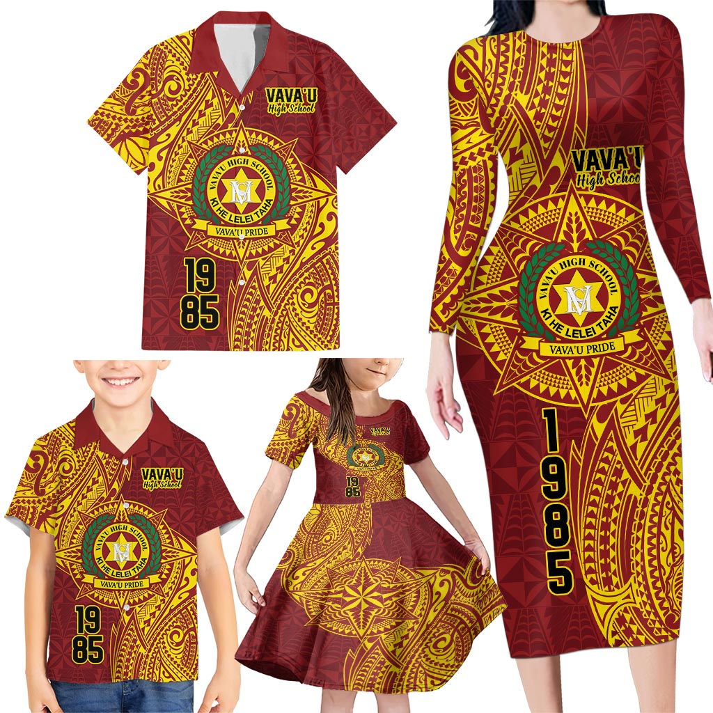Personalised Tonga Vava'u High School Family Matching Long Sleeve Bodycon Dress and Hawaiian Shirt Since 1985 Special Kupesi Pattern LT9 - Polynesian Pride