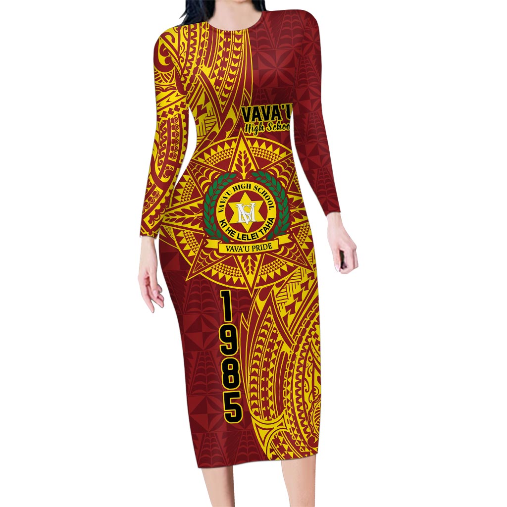 Personalised Tonga Vava'u High School Family Matching Long Sleeve Bodycon Dress and Hawaiian Shirt Since 1985 Special Kupesi Pattern LT9 Mom's Dress Red - Polynesian Pride