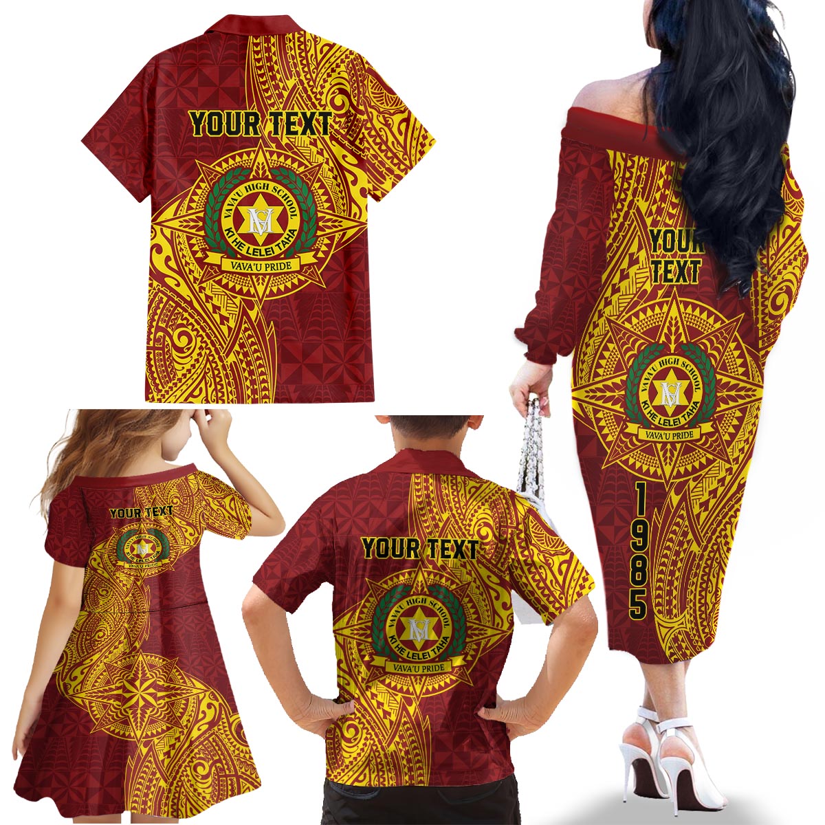 Personalised Tonga Vava'u High School Family Matching Off The Shoulder Long Sleeve Dress and Hawaiian Shirt Since 1985 Special Kupesi Pattern LT9 - Polynesian Pride