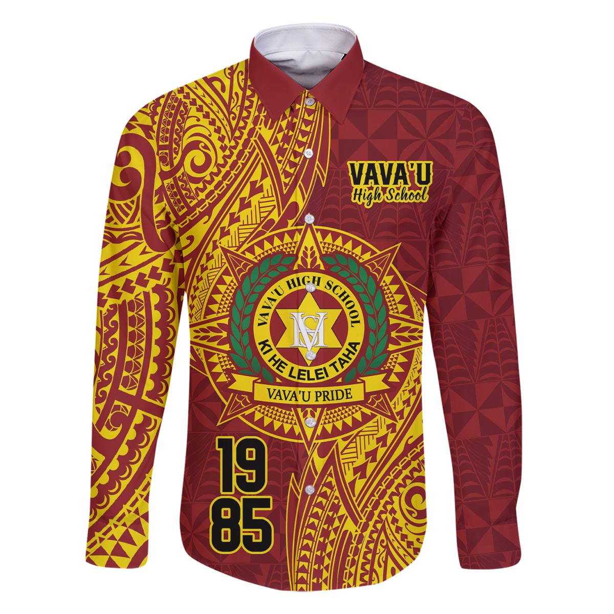 Personalised Tonga Vava'u High School Family Matching Off The Shoulder Long Sleeve Dress and Hawaiian Shirt Since 1985 Special Kupesi Pattern LT9 Dad's Shirt - Long Sleeve Red - Polynesian Pride