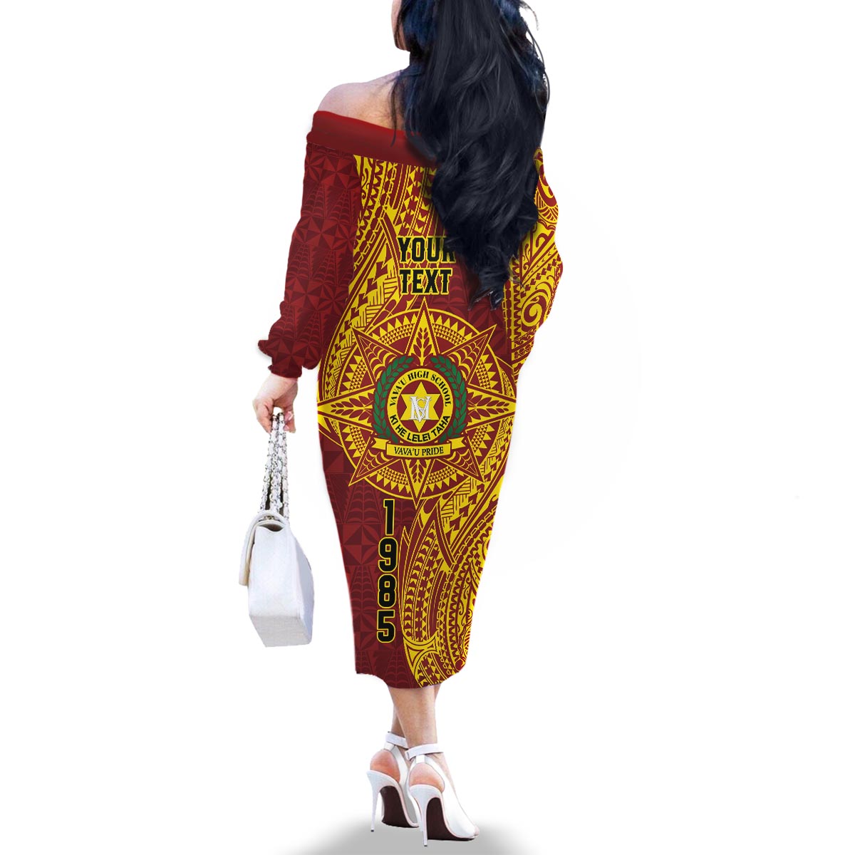 Personalised Tonga Vava'u High School Family Matching Off The Shoulder Long Sleeve Dress and Hawaiian Shirt Since 1985 Special Kupesi Pattern LT9 - Polynesian Pride