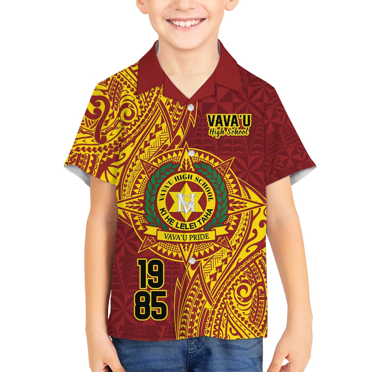 Personalised Tonga Vava'u High School Family Matching Off The Shoulder Long Sleeve Dress and Hawaiian Shirt Since 1985 Special Kupesi Pattern LT9 Son's Shirt Red - Polynesian Pride