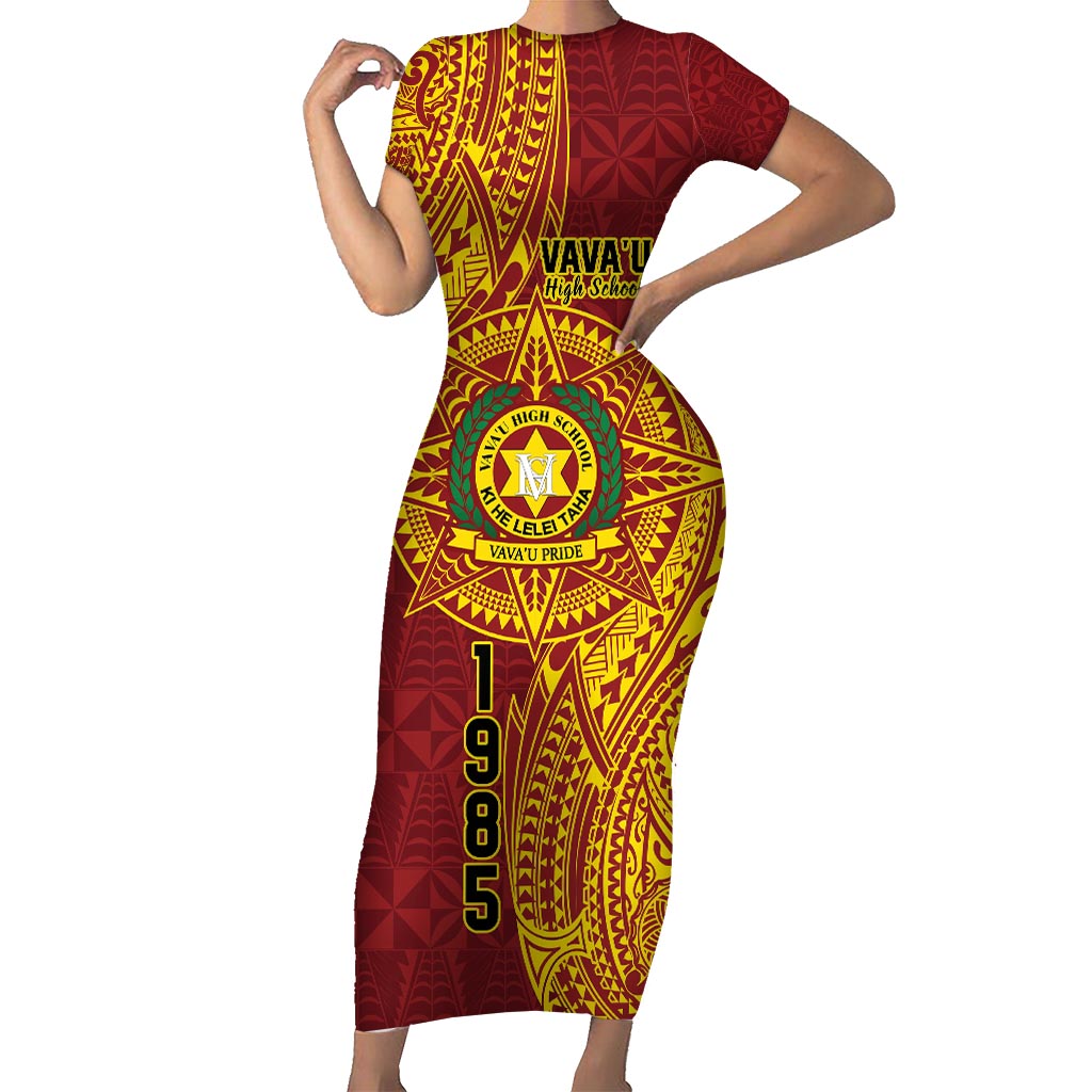 Personalised Tonga Vava'u High School Family Matching Short Sleeve Bodycon Dress and Hawaiian Shirt Since 1985 Special Kupesi Pattern LT9 Mom's Dress Red - Polynesian Pride