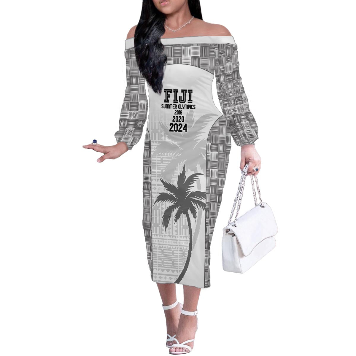 Custom Fiji Rugby Family Matching Off The Shoulder Long Sleeve Dress and Hawaiian Shirt History Champions World Cup 7s - White LT9 Mom's Dress White - Polynesian Pride